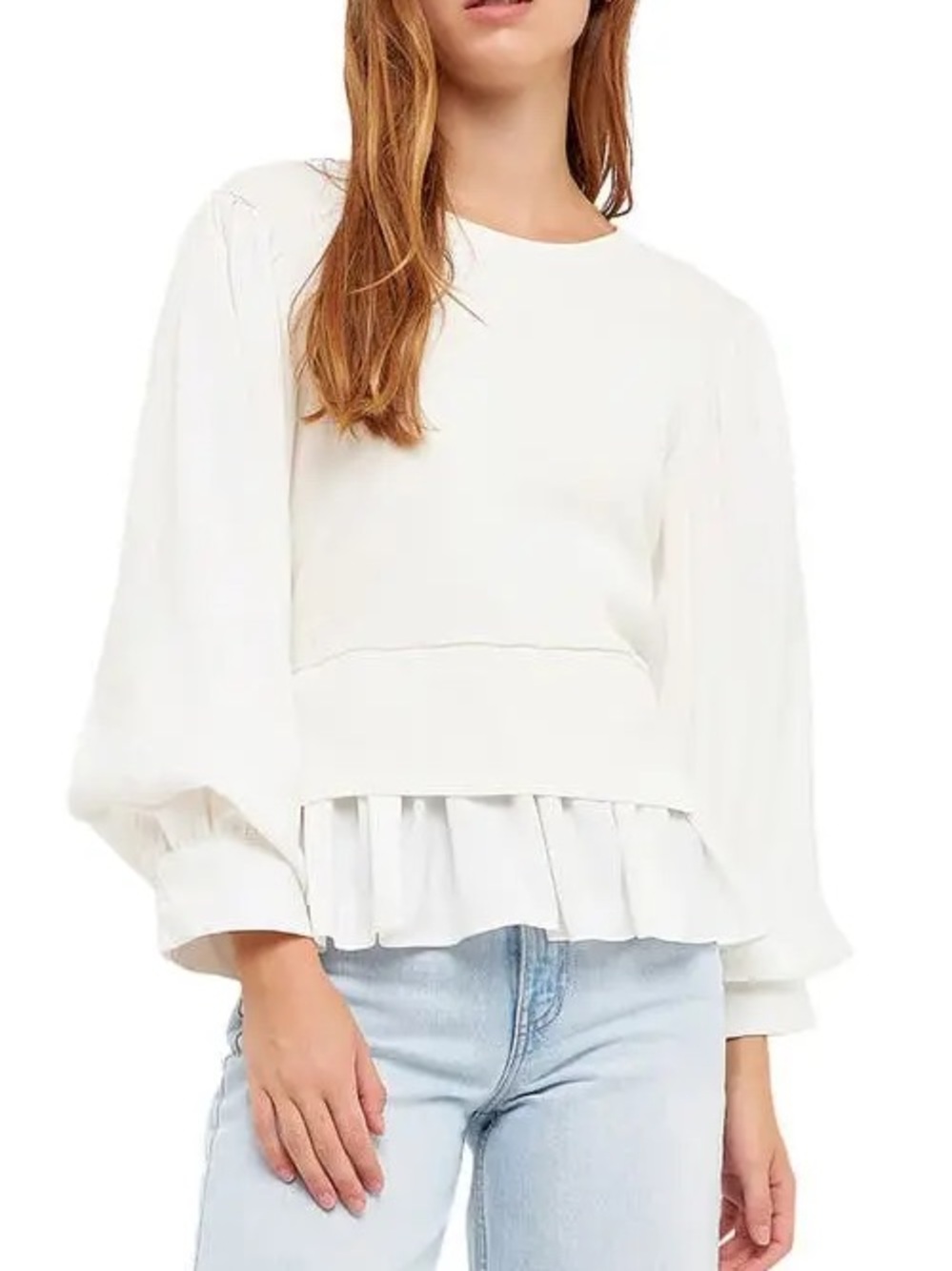 English Factory Mixed Media Puff Sleeve Peplum Ruffle Hem Top Cream Ivory Small